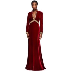 Vintage Tadashi Shoji Red Velvet Gown Royal Queen evening-wear Gold Brocade Trim